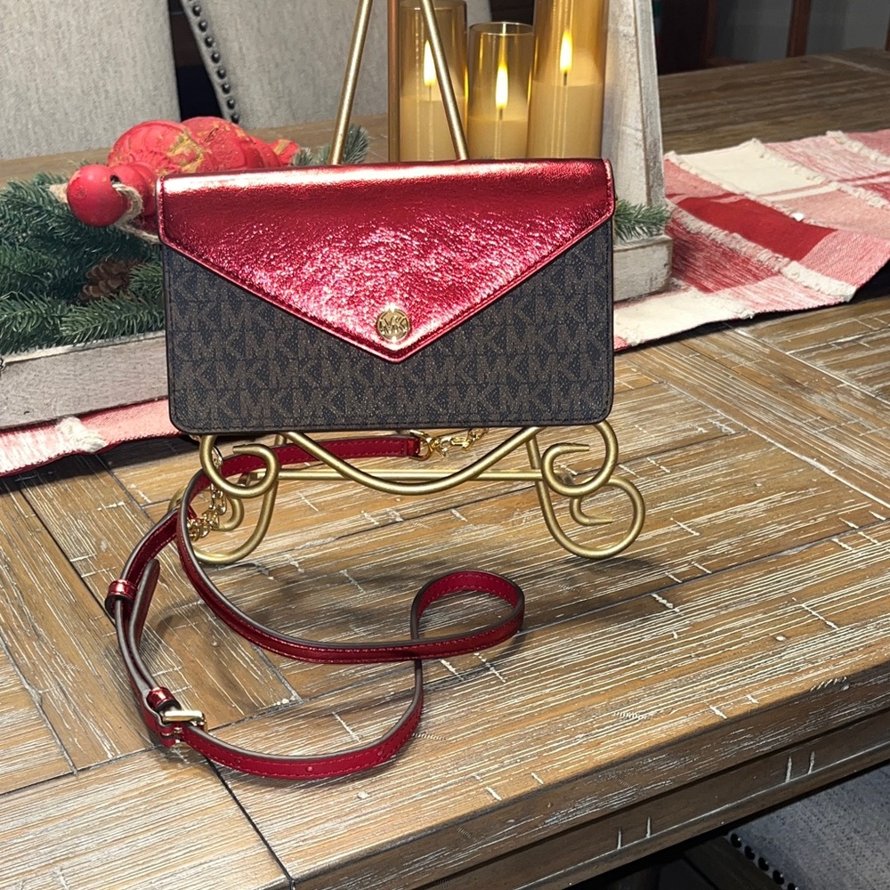 Michael Kors metallic Red and Brown Clutch / Crossbody Bag